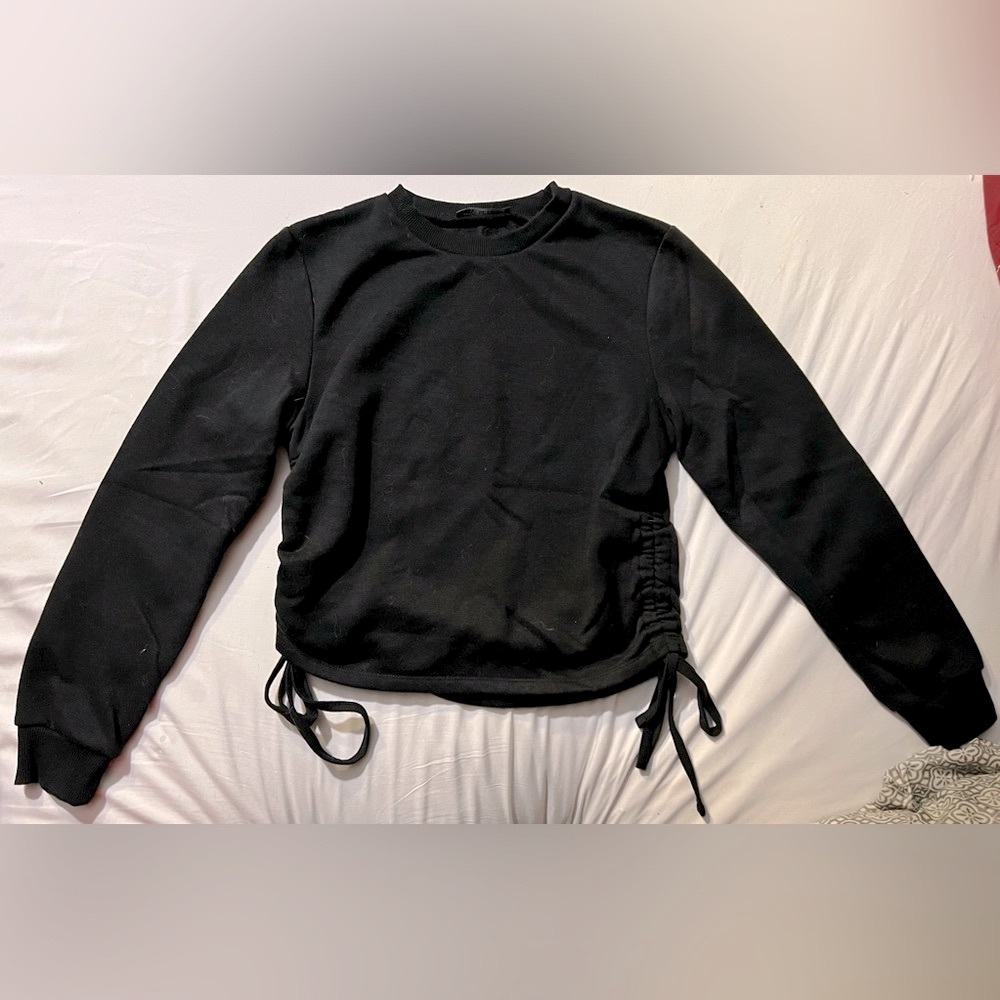 Zara, small, black partial crop-top sweater. Laces on each side to adjust height